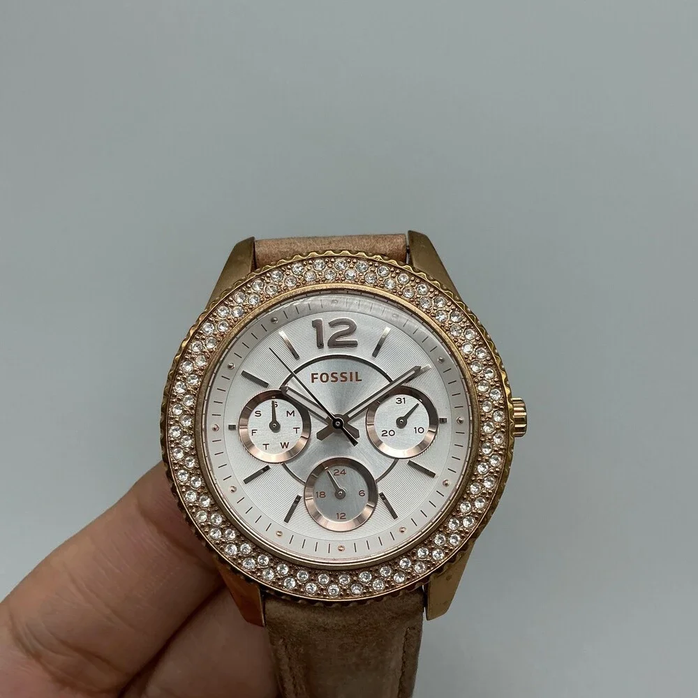 Fossil ES3816 Womens Watch 37mm Silver Tone Crystals Brown Leather New Battery